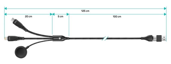 CONNECT IT Nabíjecí kabel Wirez 6v1, USB-C/USB, Lightning, Bezdrátová nabíječka na hodinky, 1.25m, černá