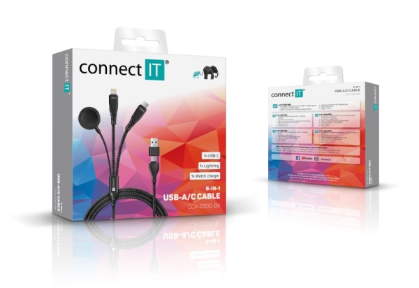 CONNECT IT Nabíjecí kabel Wirez 6v1, USB-C/USB, Lightning, Bezdrátová nabíječka na hodinky, 1.25m, černá