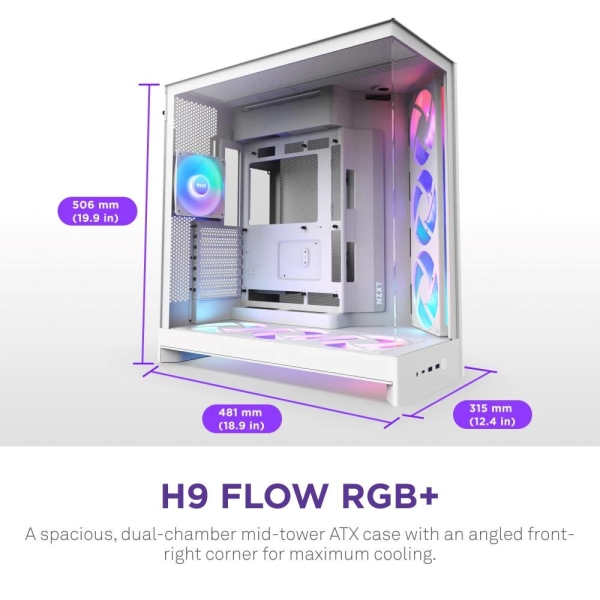 NZXT skříň H9 Flow ARGB dvoukomorová ATX / 3xRGB 140 mm / 1x 120mm fan / prosklená / bílá