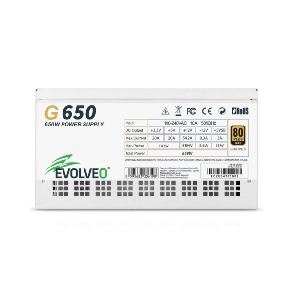 EVOLVEO G650 zdroj 650W, 80+ GOLD, ATX 3.1, aPFC, 140 mm ventilátor, záruka 3 roky, bílý