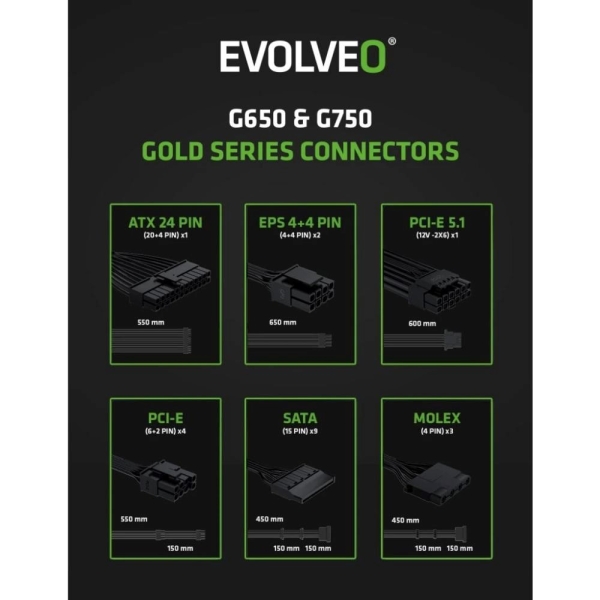 EVOLVEO G650 zdroj 650W, 80+ GOLD, ATX 3.1, aPFC, 140 mm ventilátor, záruka 3 roky, bílý