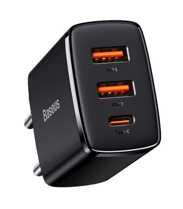 Baseus kompaktní rychlonabíjecí adaptér 2x USB-A, 1x Type-C 30W černá