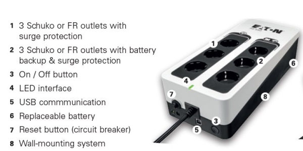 Eaton 3S 550 FR, UPS 550VA / 330W, 6 zásuvek (3 zálohované), USB, české zásuvky