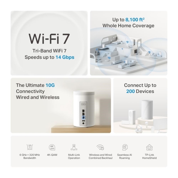 TP-Link Deco BE68(1-pack) WiFi7 Mesh(BE14000,2,4GHz/5GHz/6GHz,1x10GbELAN/WAN,1x2,5GbELAN/WAN,1xGbELAN/WAN,1xUSB3.0)