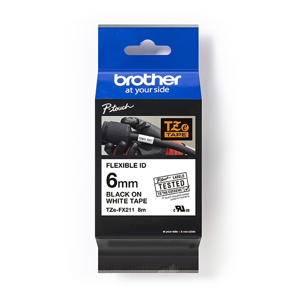 Brother originální páska do tiskárny štítků, Brother, TZE-FX211, černý tisk/bílý podklad, laminovaná, 8m, 6mm, flexibilní