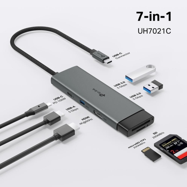 TP-Link UH7021C USB-C hub 7v1 (3x USB3.2Gen1,1xUSB-C3.2Gen1, 1xHDMI, 1xSD, 1xmicroSD, PD 100W)