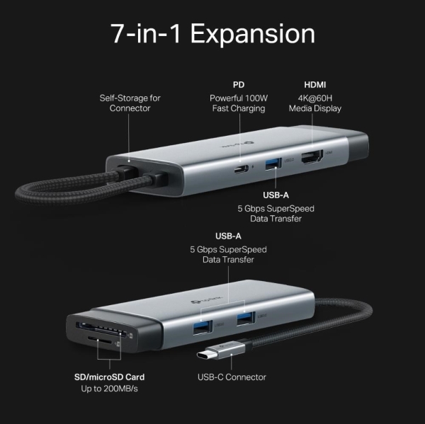TP-Link UH7021C USB-C hub 7v1 (3x USB3.2Gen1,1xUSB-C3.2Gen1, 1xHDMI, 1xSD, 1xmicroSD, PD 100W)