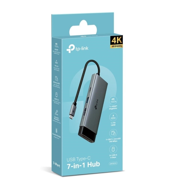 TP-Link UH7021C USB-C hub 7v1 (3x USB3.2Gen1,1xUSB-C3.2Gen1, 1xHDMI, 1xSD, 1xmicroSD, PD 100W)