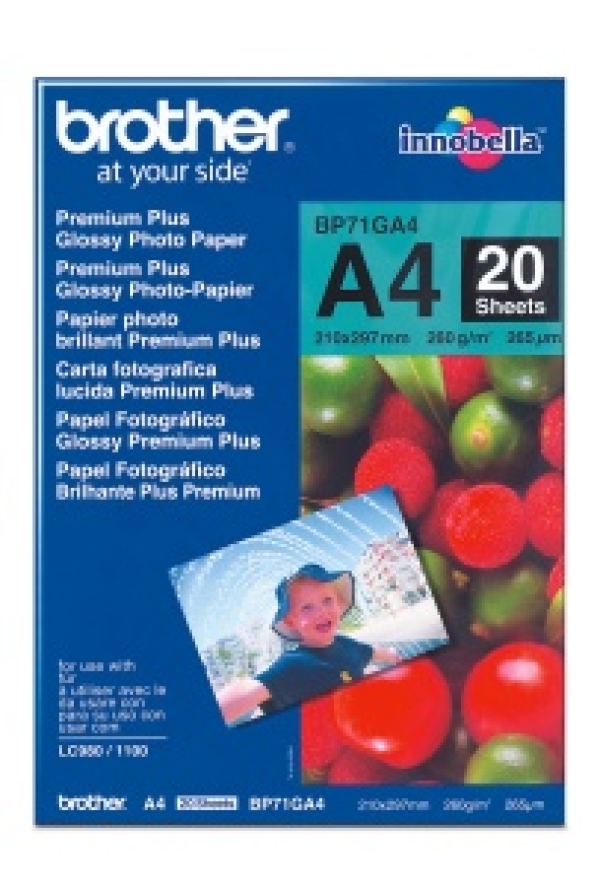 Brother Glossy Photo Paper, foto papír, lesklý, bílý, A4, 260 g/m2, 20 ks, BP71GA4, inkoustový