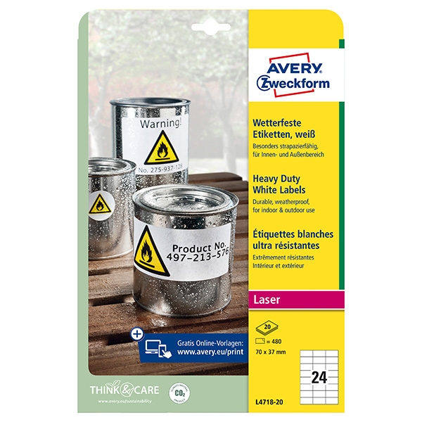Avery Zweckform etikety 70mm x 37mm, A4, matné, bílé, 24 etiket, velmi odolné, baleno po 20 ks, L4718-20, pro laserové tiskárny a 