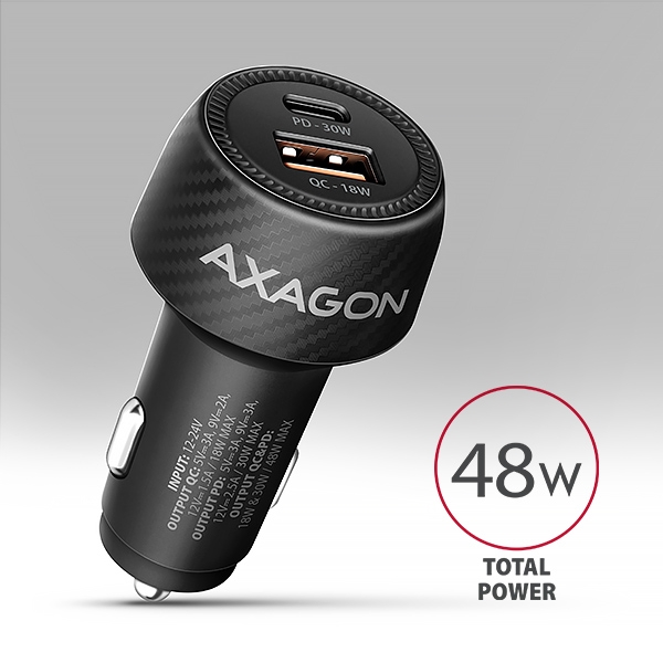 AXAGON PWC-PQ48, nabíječka do auta 48W, výstup USB-A + USB-C, PD3.0/PPS/QC4+/SFC/Apple