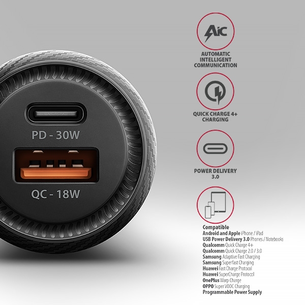 AXAGON PWC-PQ48, nabíječka do auta 48W, výstup USB-A + USB-C, PD3.0/PPS/QC4+/SFC/Apple