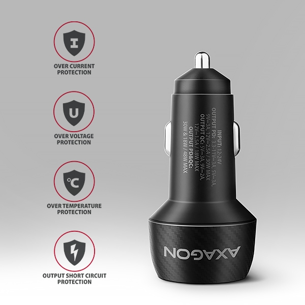 AXAGON PWC-PQ48, nabíječka do auta 48W, výstup USB-A + USB-C, PD3.0/PPS/QC4+/SFC/Apple