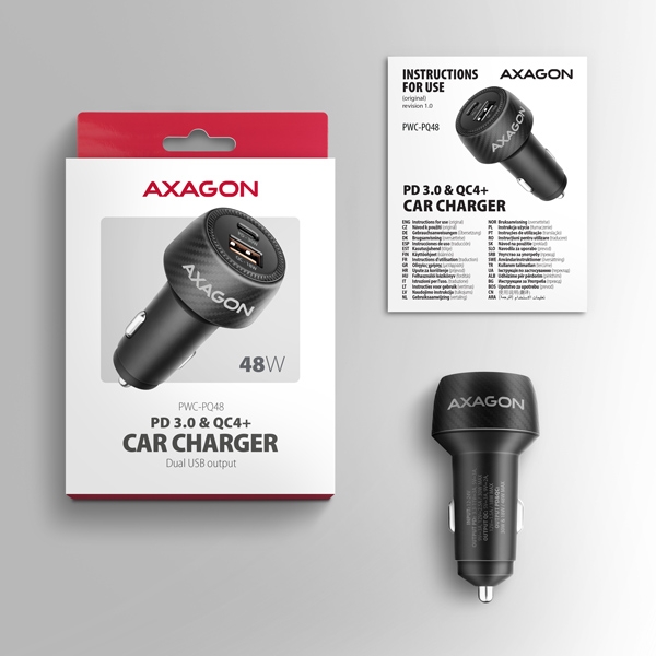 AXAGON PWC-PQ48, nabíječka do auta 48W, výstup USB-A + USB-C, PD3.0/PPS/QC4+/SFC/Apple