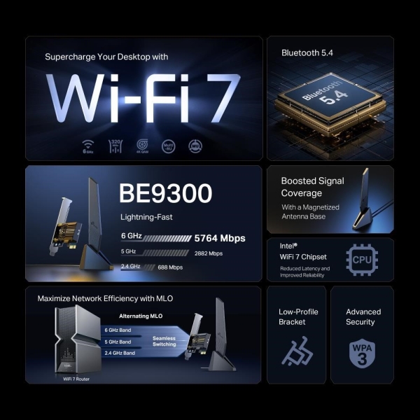 TP-Link Archer TBE553E WiFi7 PCIe adapter (BE9300,2,4GHz/5GHz/6GHz,Bluetooth5.4)
