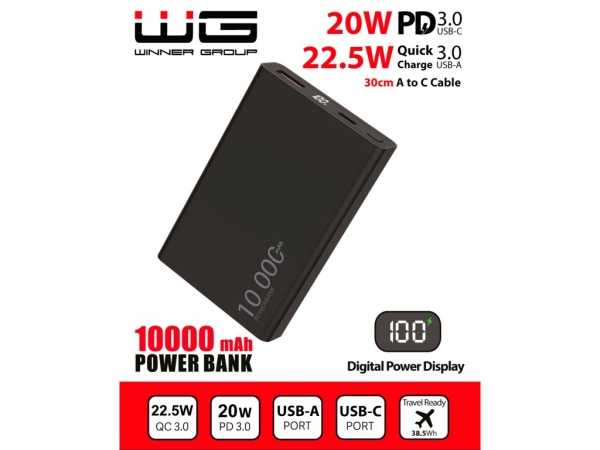 WG - Power Bank 10000 mAh,  USB-C PD 20W + USB-A 22.5W, černá