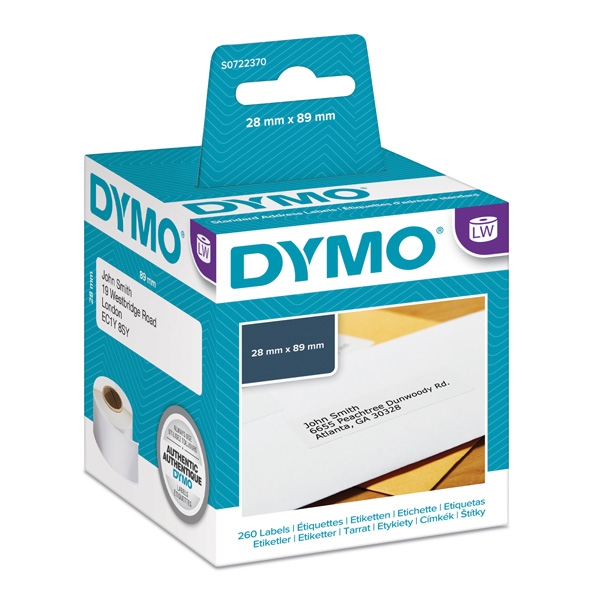 Dymo papírové štítky 89mm x 28mm, bílé, adresní, 2X130 ks, 99010, S0722370
