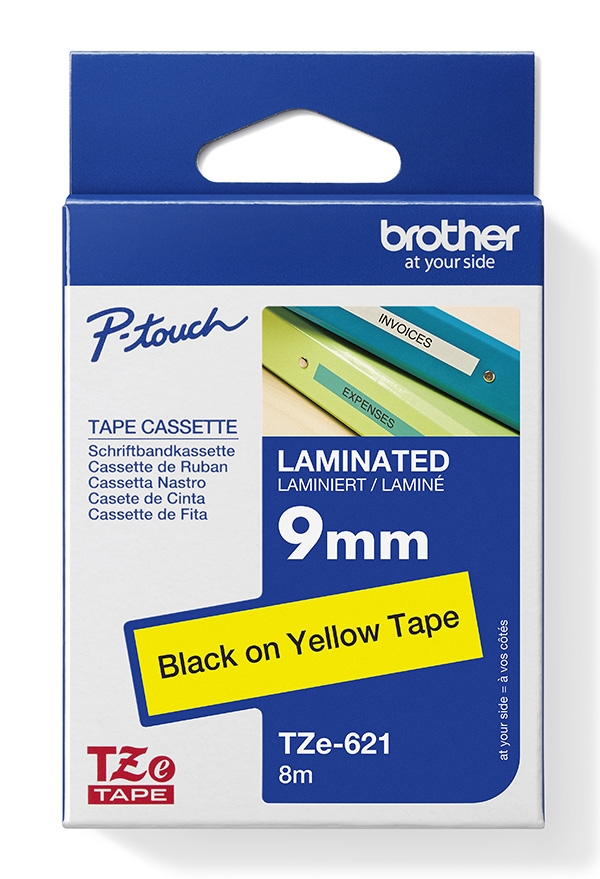 Brother originální páska do tiskárny štítků, Brother, TZE-621, černý tisk/žlutý podklad, laminovaná, 8m, 9mm