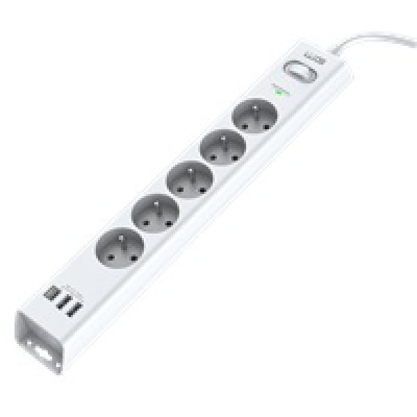 WG - Přepěťová ochrana 5 slotů + 2x USB-A + 1x USB-C, kabel 1,5 metru, bílá