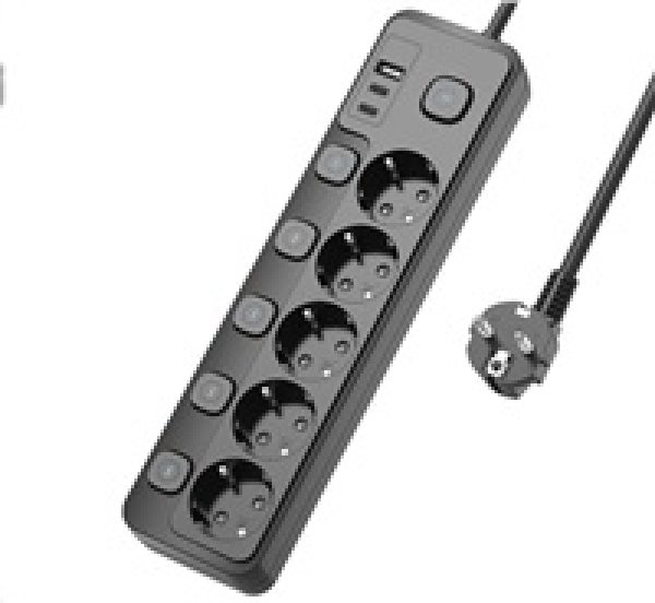 Viking síťová prodlužovací zásuvka YC53S, 5x AC 230V, 1x USB-A, 2x USB-C, tlačítko ON/OFF, délka 1,5 m, černá