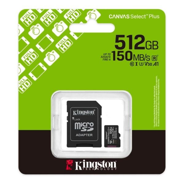 Kingston MicroSDXC karta 512GB Canvas Select Plus, U3, V30, A1, SD Adaptér