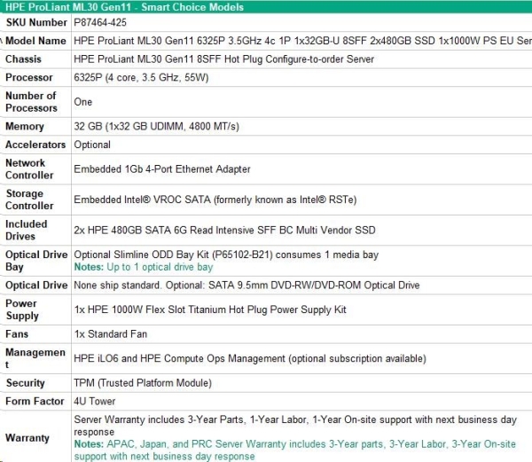 HPE PL ML30g11 6325P (3.5G/4C8T) 1x32G 2x480G SSD 8SFF VROC 1x1000W 4p1G NBD311 Smart Choice