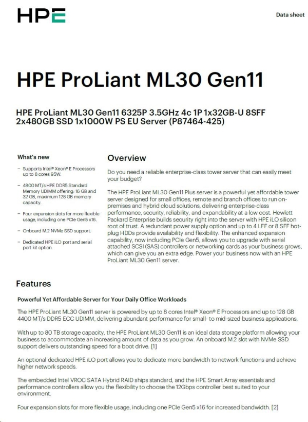 HPE PL ML30g11 6325P (3.5G/4C8T) 1x32G 2x480G SSD 8SFF VROC 1x1000W 4p1G NBD311 Smart Choice