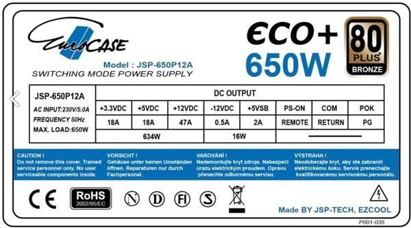 EUROCASE zdroj 650W Eco+, 120mm, 80+ Bronze, ATX