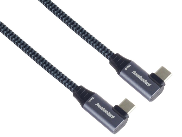 PremiumCord USB-C 2x zahnutý kabel ( USB 3.2 GEN 2x2, 5A, 100W, 20Gbit/s ) bavlněný oplet, délka: 3m