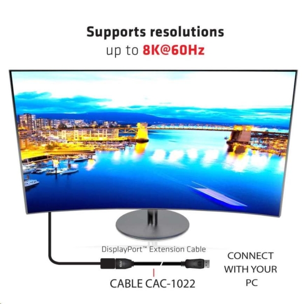 Club3D Kabel prodlužovací DisplayPort 1.4 HBR3 8K60Hz (M/F), 2m, 28 AWG