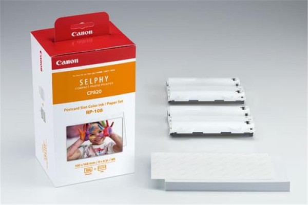 Canon RP-108 papír + ink, foto papír, lesklý, termo typ bílý, SELPHY CP820, CP910, CP1000, CP1200, CP1300, 10x15cm, 4x6", 108 ks, 