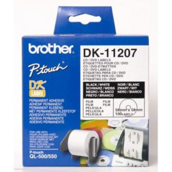 Brother etikety na CD 58mm, bílá, filmová role, 100 ks, DK11207, pro tiskárny řady QL