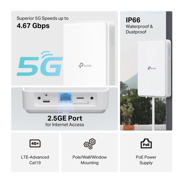 TP-Link NE200-Outdoor venkovní 5G, 4G LTE router (5G, 4G LTE,1x2,5GbE,1xnanoSIM)