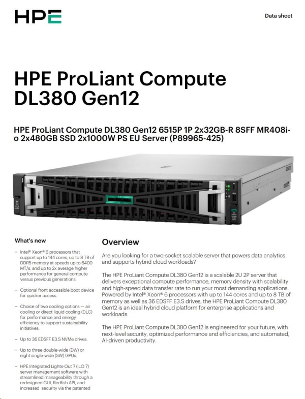 HPE PL DL380g12 6515P (2.4/16C) 2x32G (P69727) 2x480G MR408i-o 8SFF 2x1000W 2p10G-T NBD333 Smart Choice