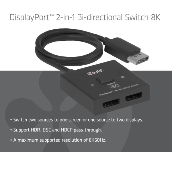 Club3D Switch, DP na 2x DP Oboustranný 2v1, 8K60Hz, 0,5m