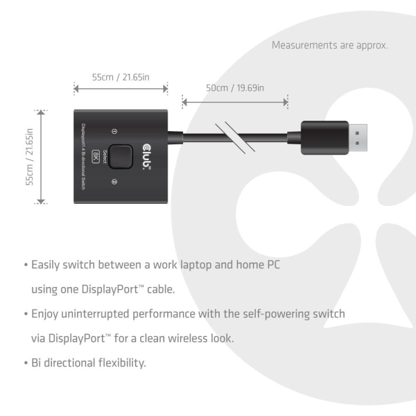 Club3D Switch, DP na 2x DP Oboustranný 2v1, 8K60Hz, 0,5m