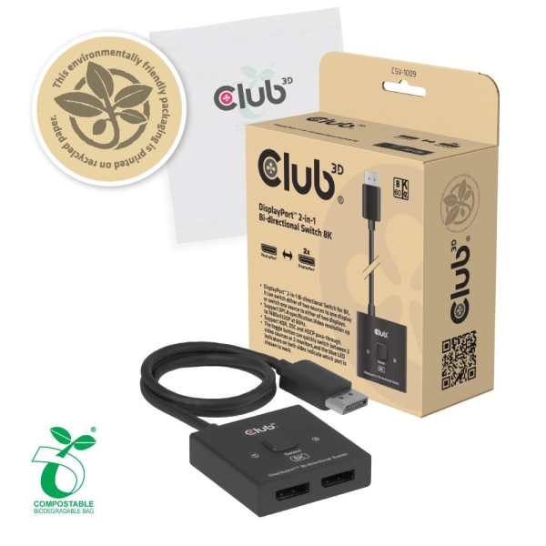 Club3D Switch, DP na 2x DP Oboustranný 2v1, 8K60Hz, 0,5m
