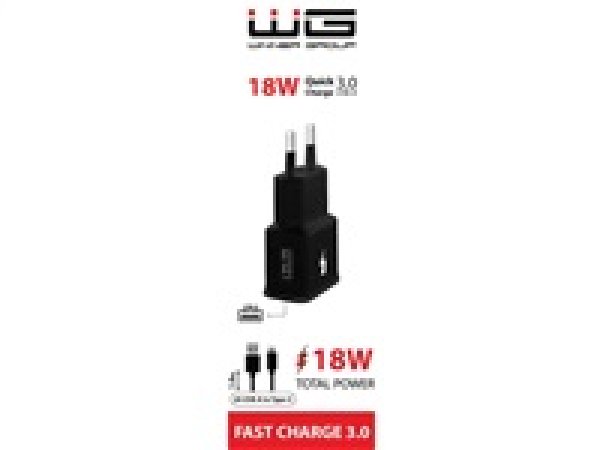 WG - Síťová nabíječka 1x USB-A, Quick Charge 3.0, 5V-9V-12V, + kabel USB-A na Type-C, černá