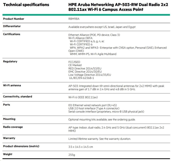 5 x HPE Aruba Networking AP-503-RW Dual Radio 2x2:2 802.11ax Wi-Fi 6 Campus Access Point ( 5x R8M98A )