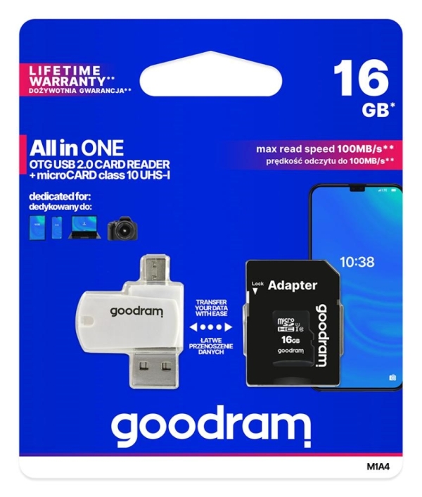 GOODRAM microSDHC karta 16GB M1A4 All-in-one (R:100/W:10 MB/s), UHS-I Class 10, U1 + Adapter + OTG card reader/čtečka