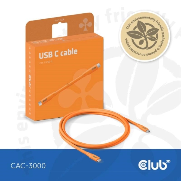 Club3D Kabel USB-C 4.0, 20Gbps, 4K60Hz, PD 240W, 2m, oranžová