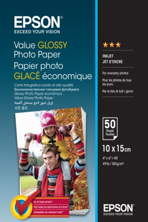Epson Value Glossy Photo Paper, foto papír, lesklý, bílý, 10x15cm, 183 g/m2, 100 ks, C13S400039, inkoustový