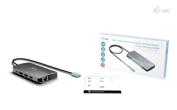 i-tec USB-C Metal Nano 3x Display (DP, HDMI and VGA) Docking Station, PD 100 W