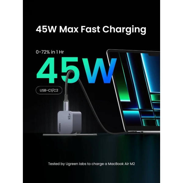 UGREEN síťová rychlonabíječka Nexode Pro 45W 2-Port USB-C, GaN, stříbrná