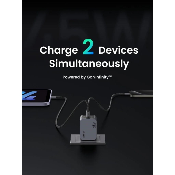 UGREEN síťová rychlonabíječka Nexode Pro 45W 2-Port USB-C, GaN, stříbrná