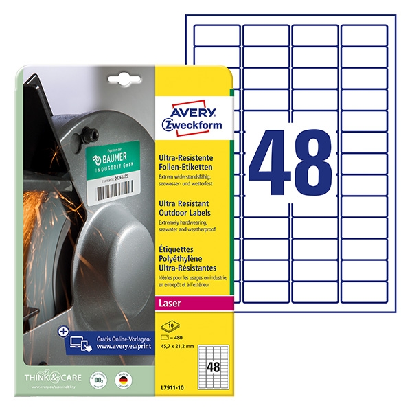 Avery Zweckform etikety 45.7mm x 21.2mm, A4, bílé, 48 etiket, velmi odolné, baleno po 10 ks, L7911-10, pro laserové tiskárny a kop