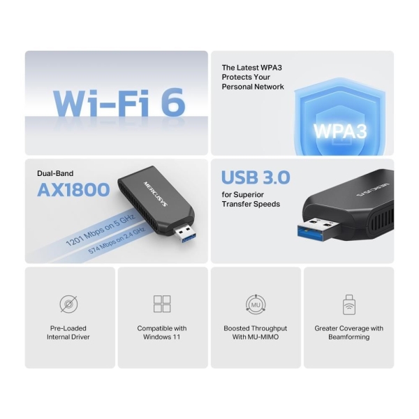 MERCUSYS MA70XM WiFi6 USB adapter (AX1800,2,4GHz/5GHz,USB3.0)