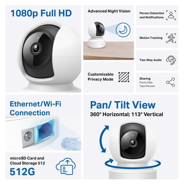 TP-Link Tapo C202 domácí/indoor kamera, (2MP, Full HD 1080p, IR 12m, WiFi, 1x100Mb/s, microSD)