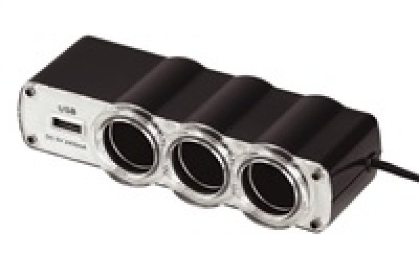 WG - Nabíječka do auta,  rozbočovač, 3x zásuvka zapalovače 12V + 1x USB-A, s prodloužením