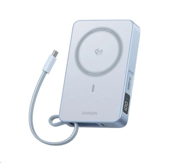 UGREEN magnetická powerbanka MagFlow 10000mAh s diplejem, Li-ion, 30W, MagSafe, 2x USB-C, stříbrná